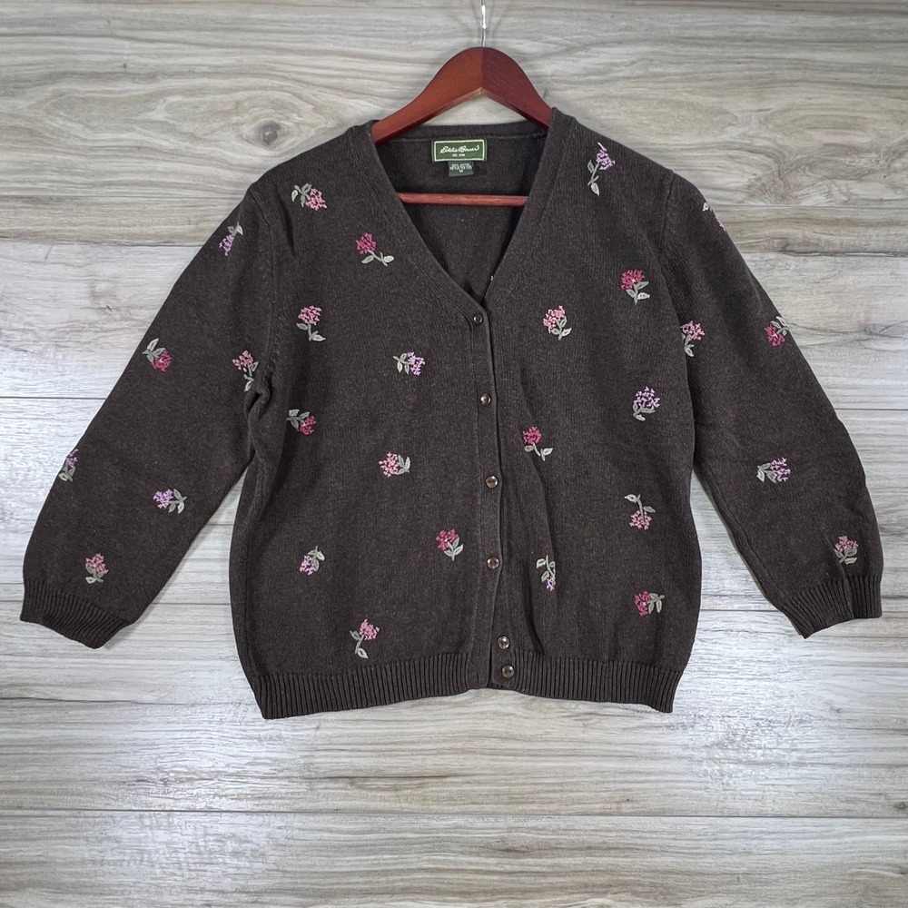 Eddie Bauer Brown Floral Embroidered Cotton Cardigan Sweater V-Neck Vintage M
